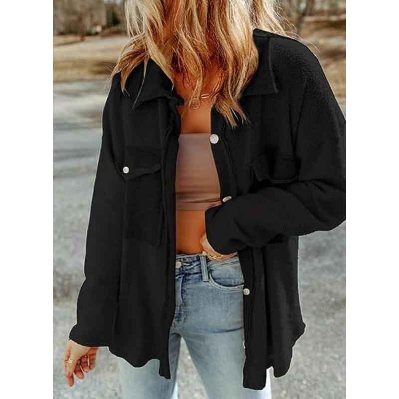 

Осенняя мода женские куртки с длинным рукавом новые карманные повседневные рубашки с карманами повседневные однотонные элегантные пальто одежда 1573 2XL чёрный