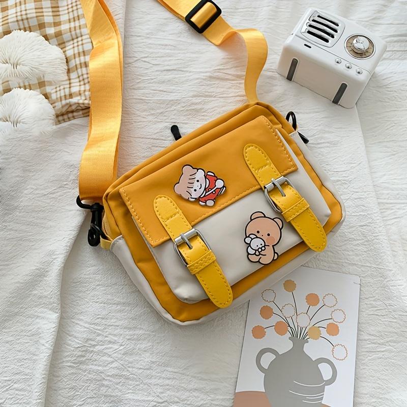 Girl's Fashion Nylon Shoulder Bag with Badge, Harajuku Shoulder Bag, Casual Square Cute Messenger Bag For Women Travel Going Out