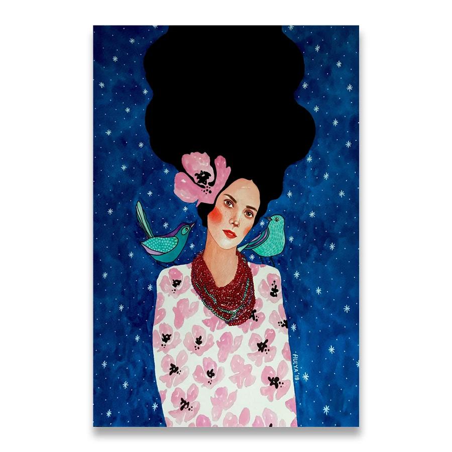 Vintage Abstract Girl Long Hair Flower Women Wall Art Canvas Painting Fashion Poster Wall Pictures For Living Room Home Decor