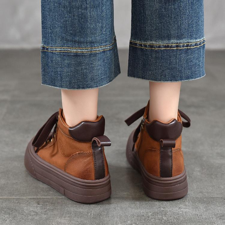 Johnature Versatile Plush Warm Short Boots Genuine Leather Round Toe Casual Women's Flat Platform Shoes