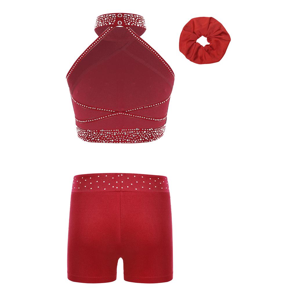 Mädchen Eiskunstlauf Kostüm Neckholder Ärmellos Rückenfrei Weste Strass Shorts Haarreif