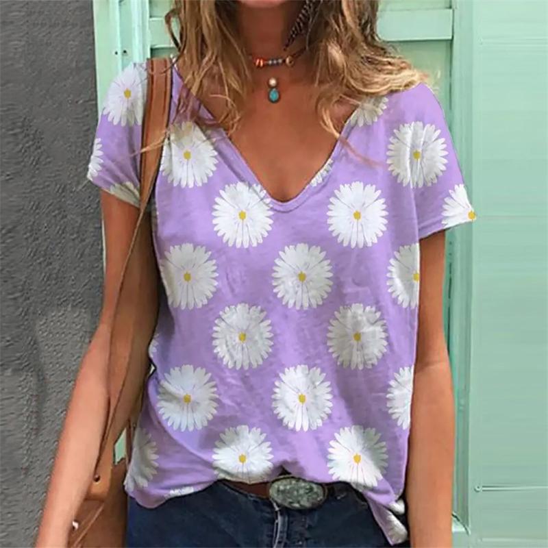 

Модные весенние блузки с красивым цветочным принтом, футболки с коротким рукавом и V-образным вырезом, повседневные 8XL фиолетовый