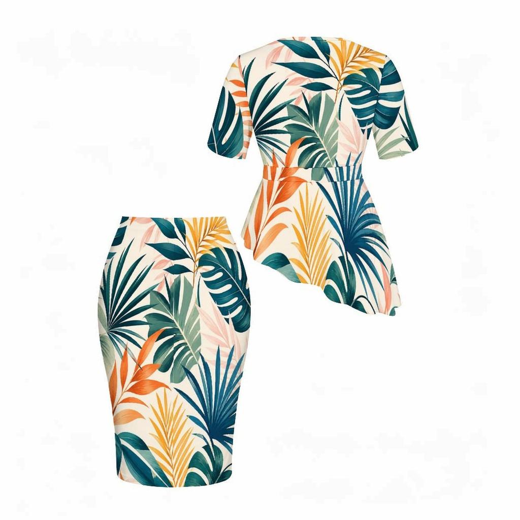 Women Plus Size Round Neck Short Sleeve Tropical Print Asymmetric Top Fitted Skirt Two Piece Set