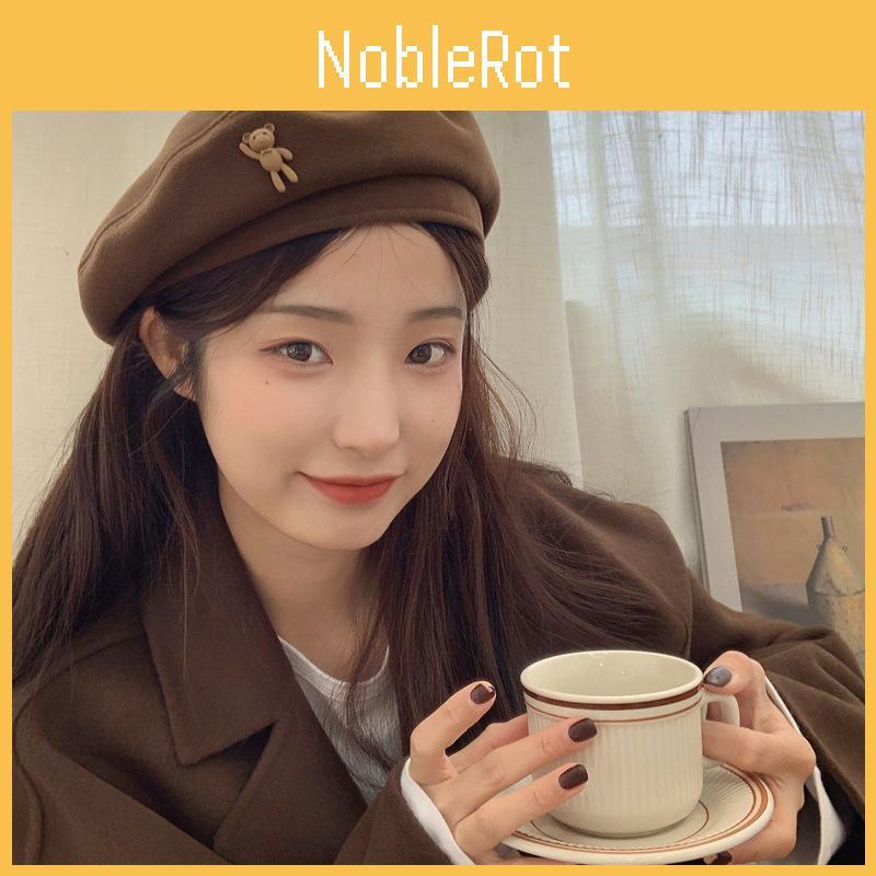 Wool Cozy Brown Beret Artist Hat For Winter Women Men With Cute Bear Design