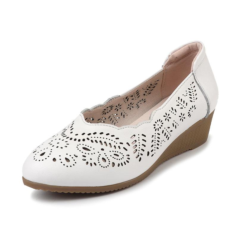 Fashion GKTINOO Genuine Leather Ladies Breathable Hollow Summer Shoes Women Flats Slip-On Sandals Round Toe Soft Wedges Shoes Casual