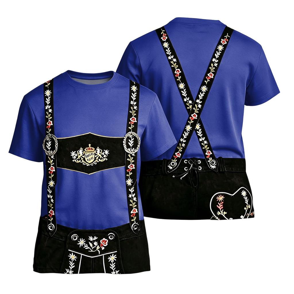 Men's Oktoberfest Short Sleeve T Shirt Vintage Texture Print Loose Fit Casual Summer Daily Wear Top with Embroidered Suspenders Design