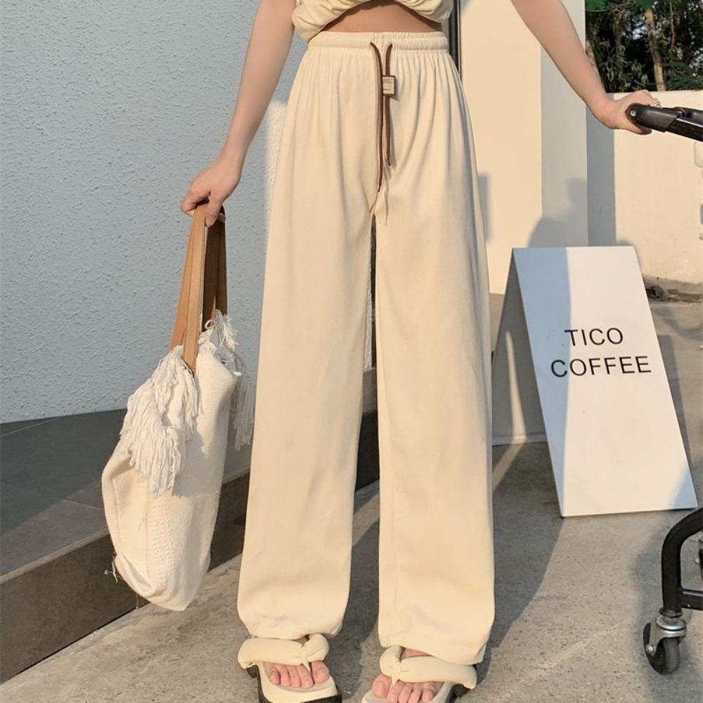 Women's High Waist Drawstring Wide Leg Corduroy Pants Solid Color Loose Straight Trousers Japanese Casual Fall Bottoms