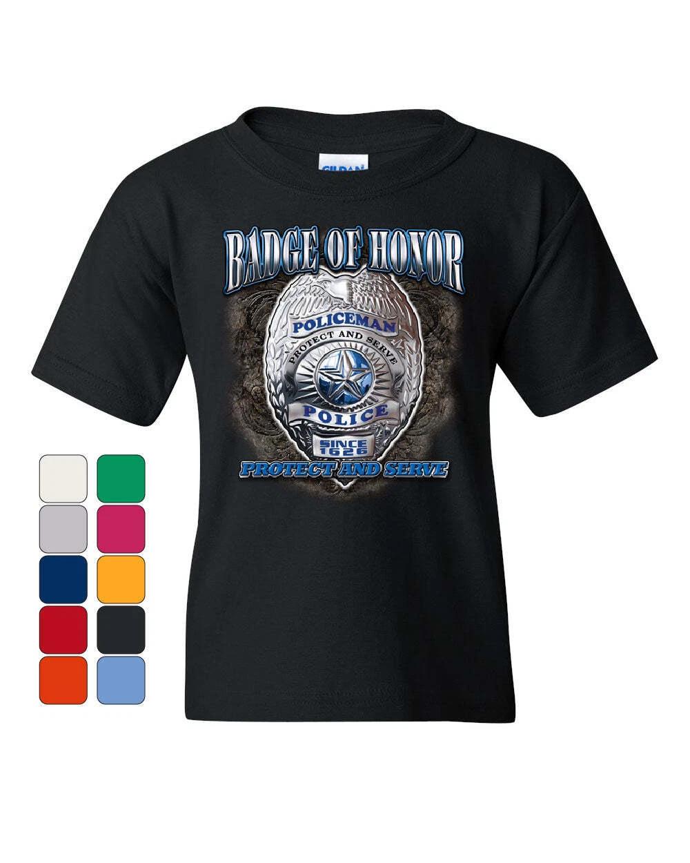 Policeman Badge of Honor Youth kids boys T-Shirt Police Protect and Serve Cop PD Kids Tee 160