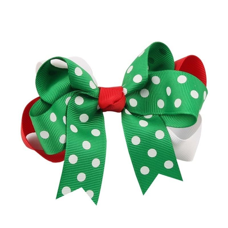 Girls Christmas Hair Bows Printing Snow Layered Green Tree Hair Clips for Festival Dots Hairpins Headwear Hair Accessories (Style Random)