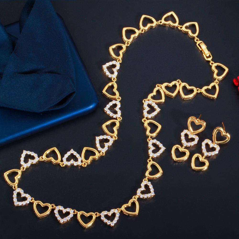 

Zircon Jewelry Set Electroplated Real Gold Bridal Wedding Dress Set Chain, Heart Necklace Earrings Two-Piece Set