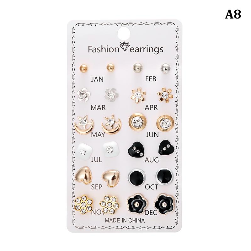 12Pairs Combination Stud Earrings Set  Imitation Pearl Flower Heart Star Small Earrings For Women Mix Style Month Jewelry