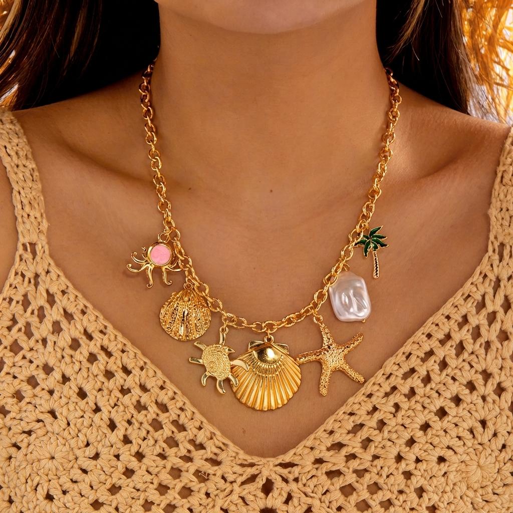Bohemian Muschel Muschel Seestern Schlüsselbein Halskette für Damen Bunte Sonne Kokosbaum Choker Kette Urlaub Strand Schmuck Geschenk