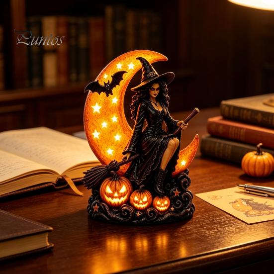 Halloween-Dekoration für den Innenbereich Hexe auf Mondsichel Dekorative Leuchte, Gotische Dekoration Lampe, Harzfigur für Tischdeko Zuhause Gruselig Saisonale
