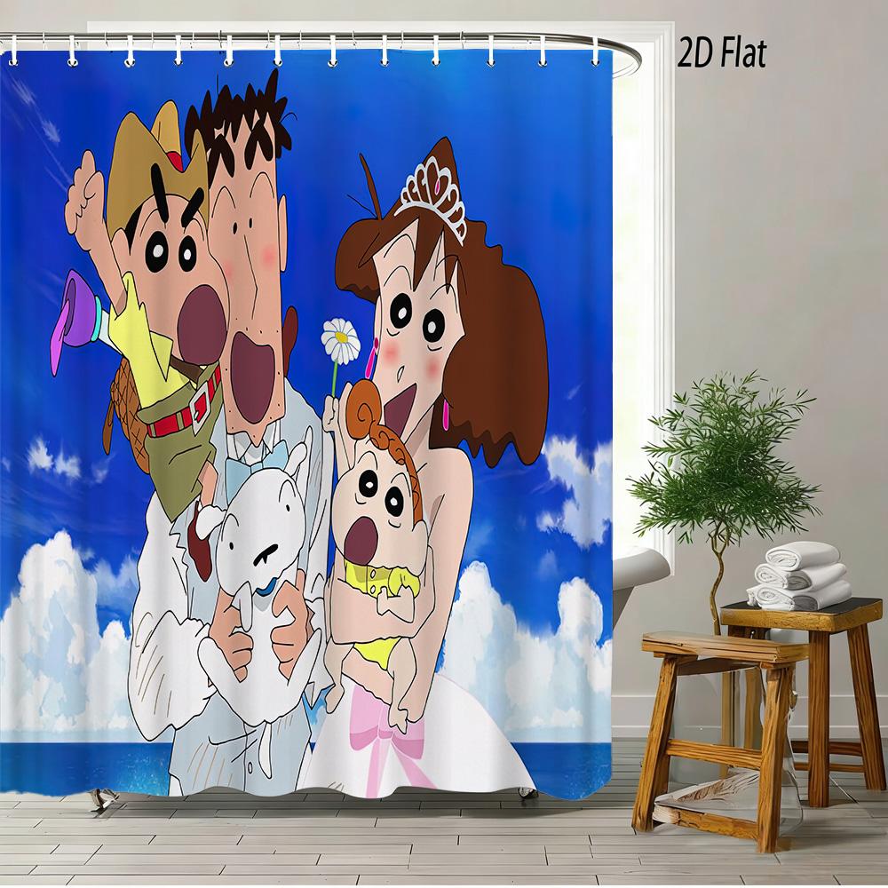 Crayon Shin-Chan & Friends Adventure 2D Print Waterproof Shower Curtain, Anime Bathroom Decor With Hooks