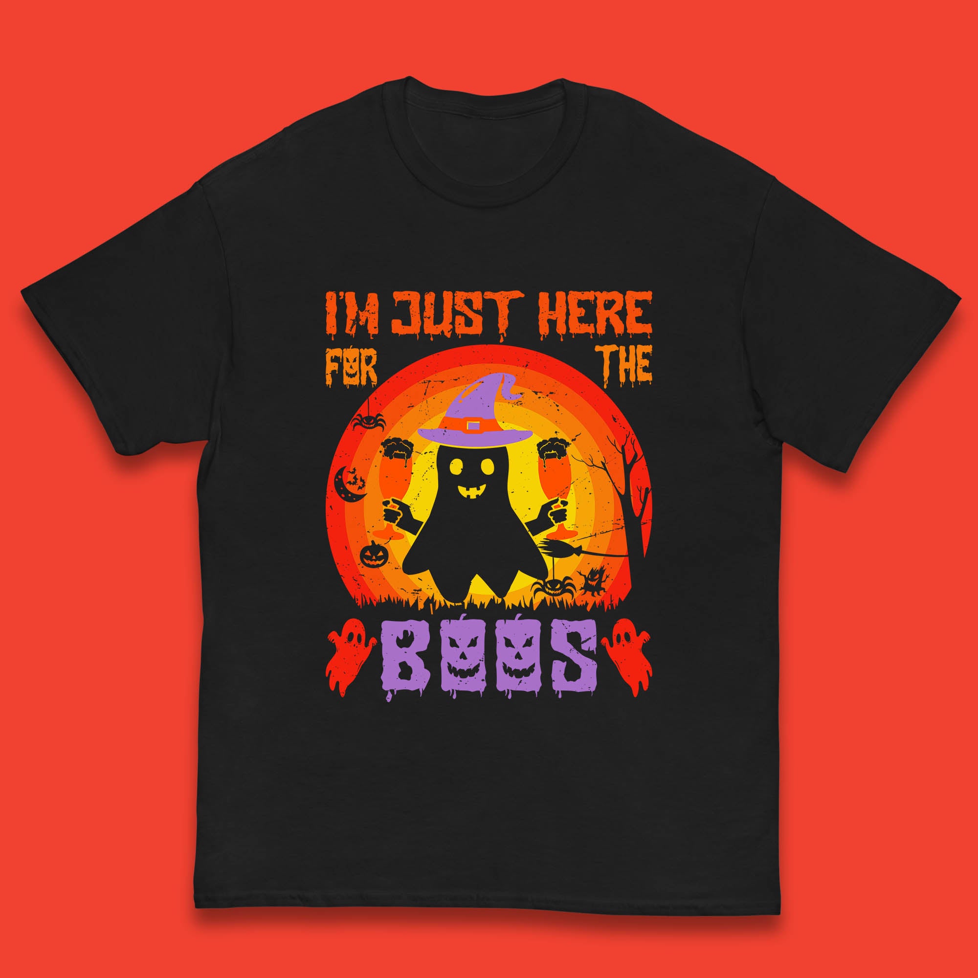 I m Just Here For The Boos Halloween Boo Ghost Witch Hat Horror Scary Kids T Shirt 100