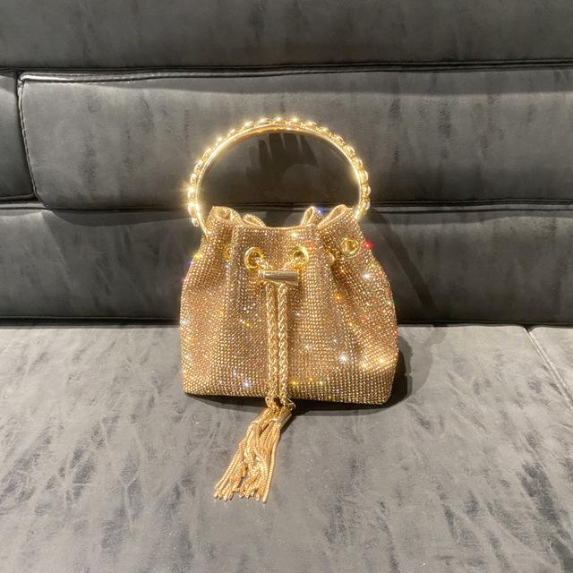 

Diamonds Tassel Evening Clutch Bag Women Luxury Designer Chain Metal Ring Handle Shiny Crystal Bucket Purse Bridal Wedding Party