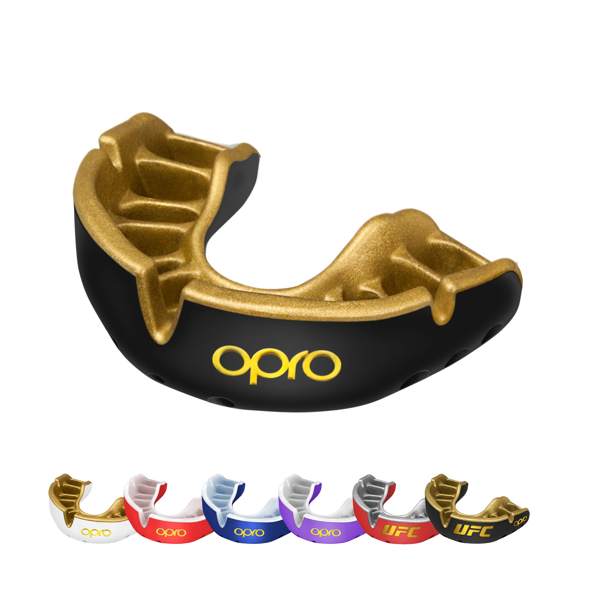 

Капа OPRO Спортивный мундштук для боевых искусств Контактный спортивный мундштук Self-Fit/Gold Level (Черный и золотой/Для юниоров/Дети)