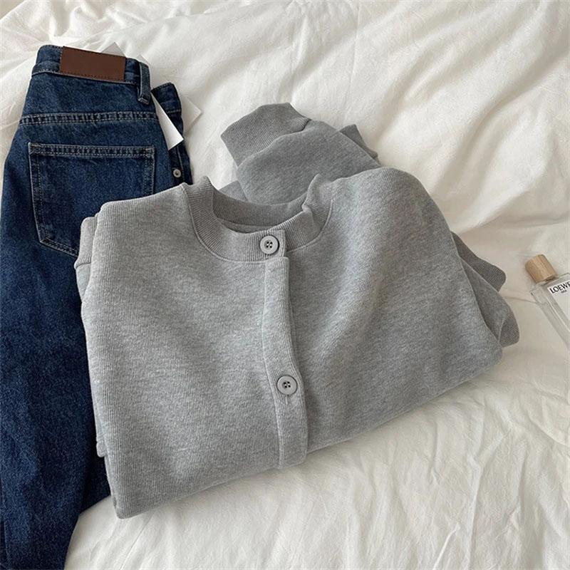 Plus Size Coat Women FleeceWinter Thickened Loose-Fit Round Neck Button-Up Casual Cardigan Sweatshirt for Women