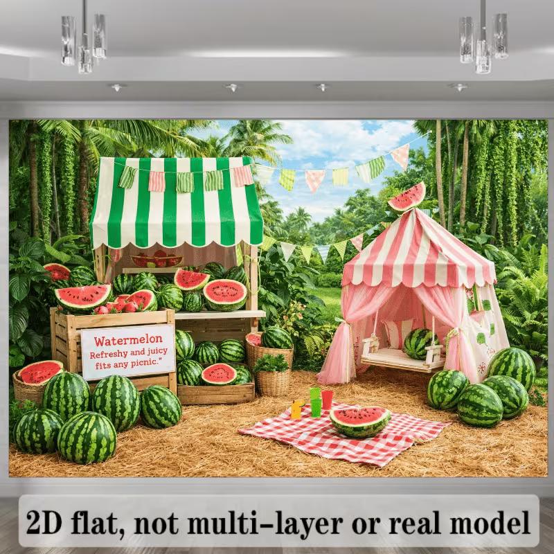 2D Watermelon Summer Backdrop Tropical Jungle Picnic Photography Background for Kids Birthday Party
