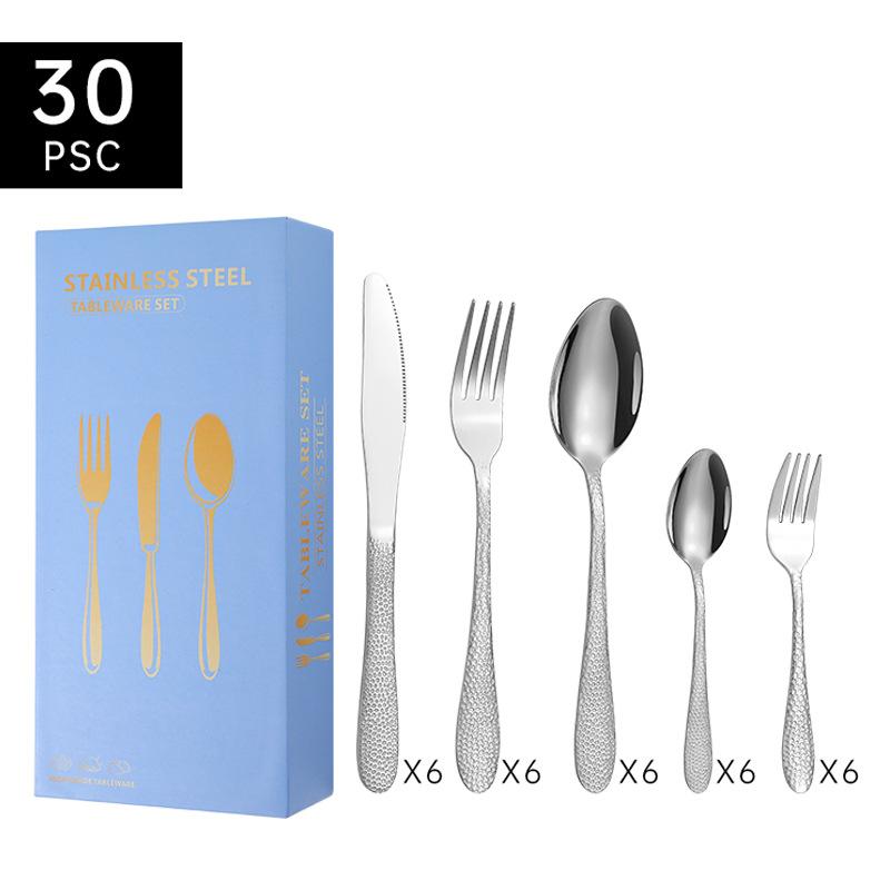 Edelstahlgeschirr, Wasserwürfel-Serie, Messer, Gabel und Löffel, fünf Hauptteile, 30 Stück, Geschenkbox, Geschirranzug