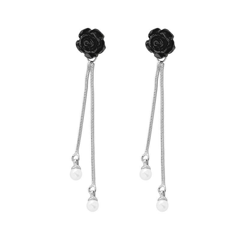 

925 Sterling Silver Transparent Rose Flower Pearl Long Tassel Stud Earrings for Women Wedding Party Jewelry Girls Friend Gift Silver Plated чорний