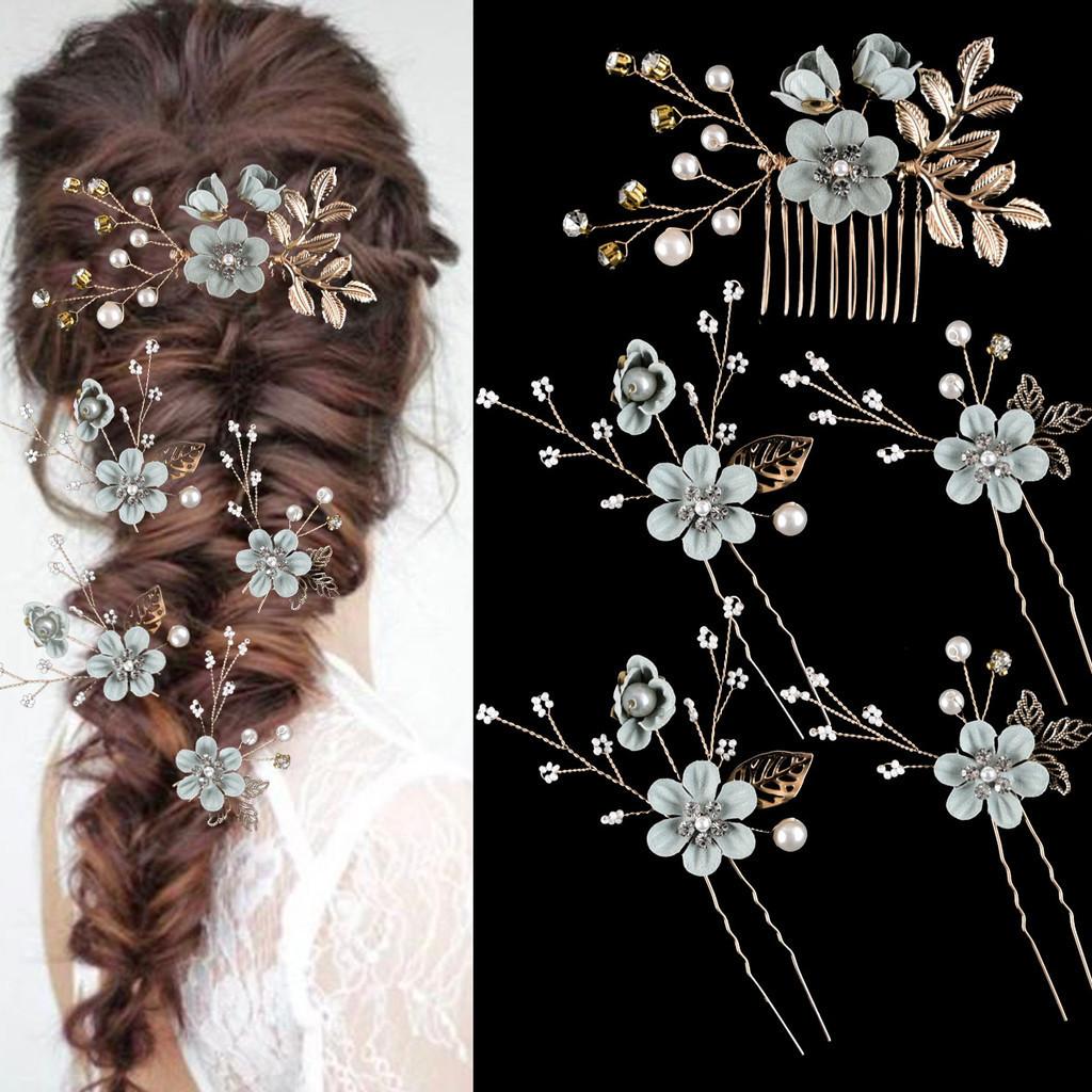 Headpiece Golden Wedding Hair Accessories Bridal Flower Wedding Hair Pins 5 PCS Pearl Hair Clips Jewelry with Rhinestone for Brides Bridesmaids Women