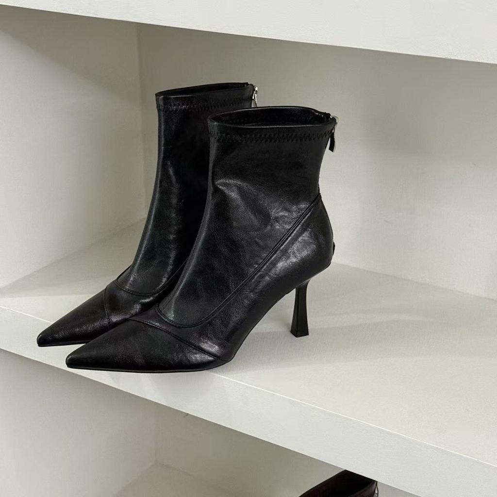 French pointed thin heel short boots women's autumn and winter high heel thin boots temperament brown leather zipper ankle boots