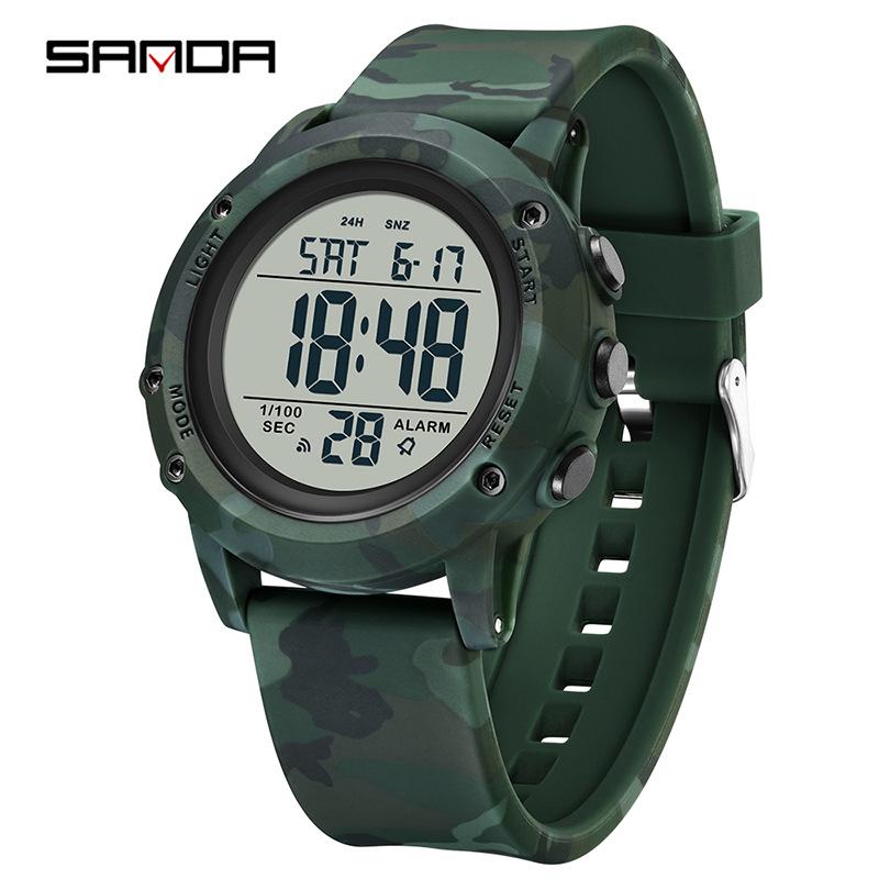 Sanda Camouflage Military-Style Student Sports Watch - Fashionable, Multifunctional, Waterproof, Luminous, Electronic.