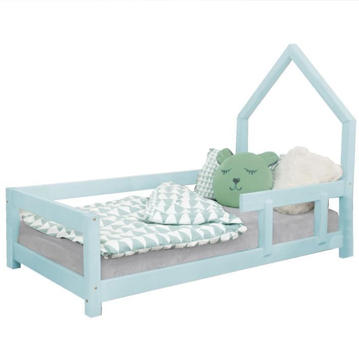 Lit cabane enfant - GENERIQUE - POPPI - Bois massif - A lattes - Bleu - 90 x 190 cm