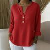 Women Tops V-Neck Buttons Half Placket Long Sleeve Pullover Tops Pure Color Loose Fit Waffle Texture Soft Stretchy Casual Tops