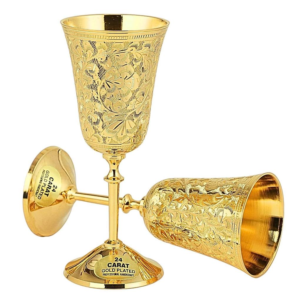 Plated Brass Wine Glasses, Metal Chalice Goblet, Champagne Flutes, Wedding for Couple Marriage, Diwali, Corporate Clients- Set of 2 Tulip Design