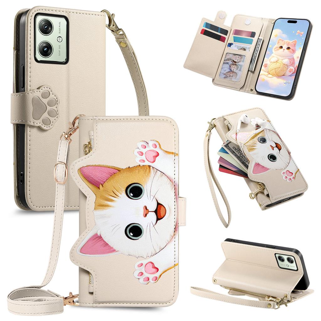Cute Cat Crossbody Long Lanyard Flip Wallet Leather Case For Motorola G86 G67 G56 G15 Edge 60 Pro 50 Fusion Shockproof Cover