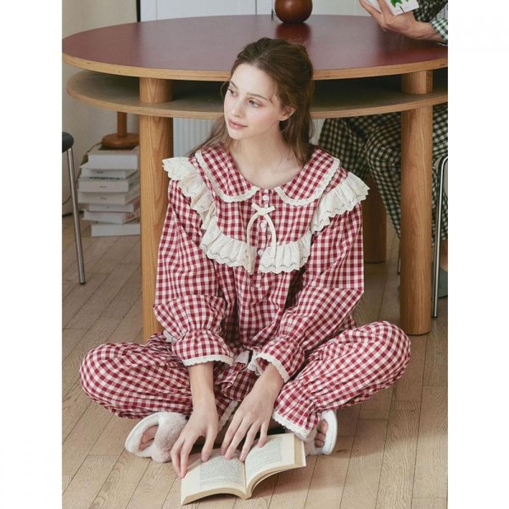 Lunaluz Women S Cotton Long Sleeve Round Neck Two Piece pajamaS Merry Check