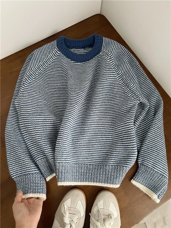 Korean retro contrasting striped blue sweater women's loose lazy high-end casual thickened knitted top
