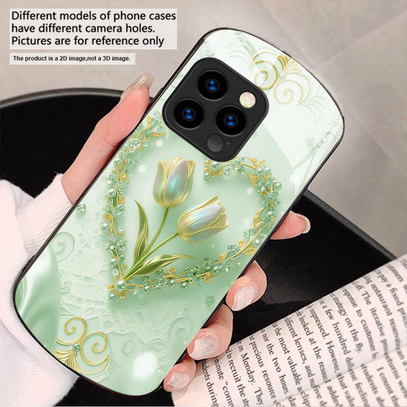 Love's Pink Purple Tulip For iPhone 17 16 15 14 13 Plus 12 Mini 11 Pro Max XR Xs Max X 7 8 6S 22 20 Elliptical Glass Phone Case