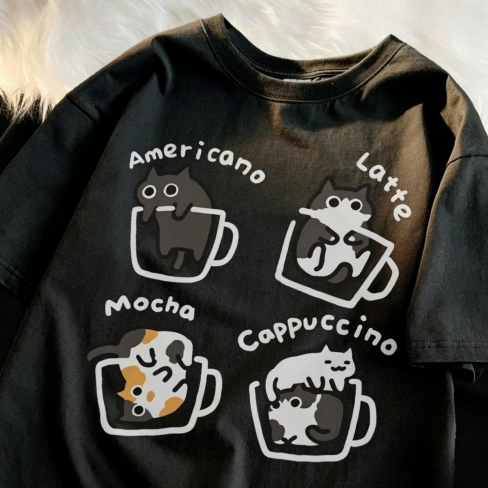 Y2k Fun Cartoon Cat Coffee Pattern 3d Print Breath Quickdry Unisexs Unisexs Tshirt Outdoor Leisure Fashion Parentchild Clothing