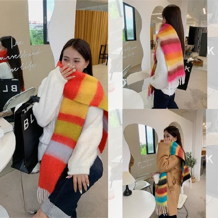 Adult Women Warm Scarf Thicken Rainbow Long Scarf Soft CashmereFeel Shawl Scarf