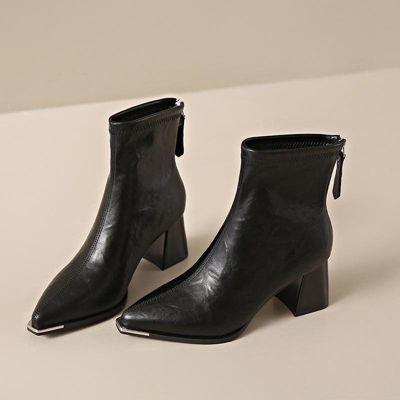 

Заостренный толстый каблук с застежкой-молнией сзади, короткие женские сапоги 2024 года, тонкие сапоги Martin, модные элегантные сапоги на высоком каблуке 34 чёрный