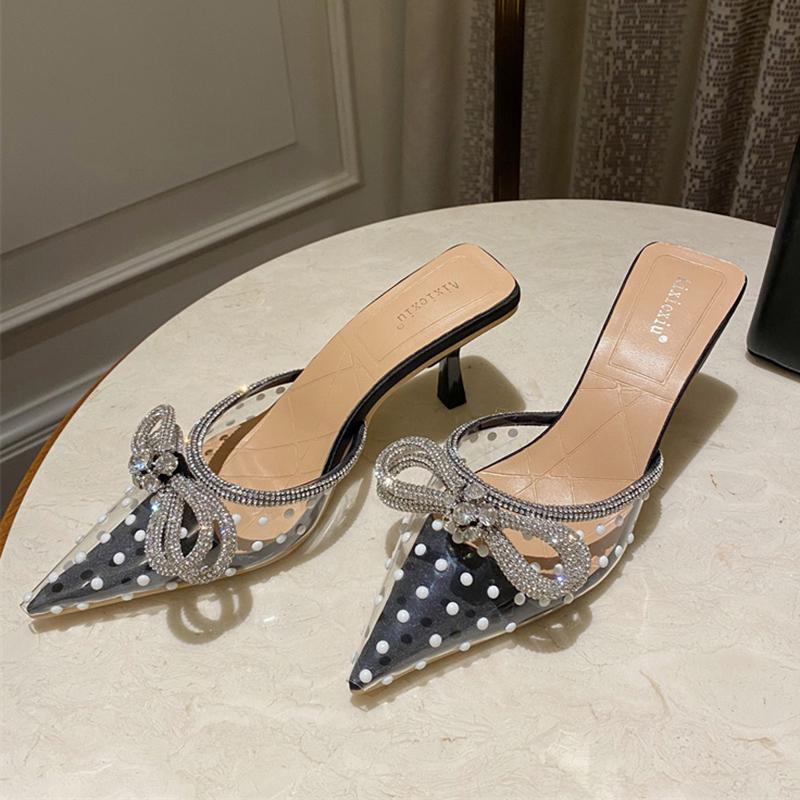 Fashion Women Crystal Bow -Knot Slippers Brand Pointed Toe Slip On Mules White Thin High Heels Outdoo Dress Wedding Shoes