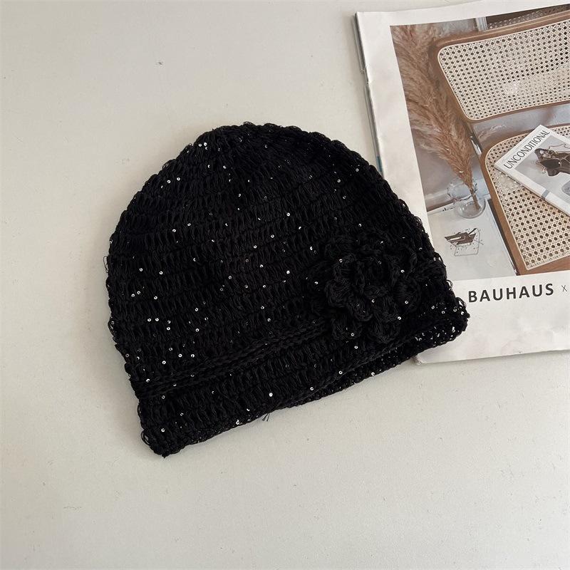 Sequined Flower Knitted Headgear Women's Spring and Summer Breathable Mesh Casual Versatile Retro Cold Hat Ear Protection Hat Shows Small Face