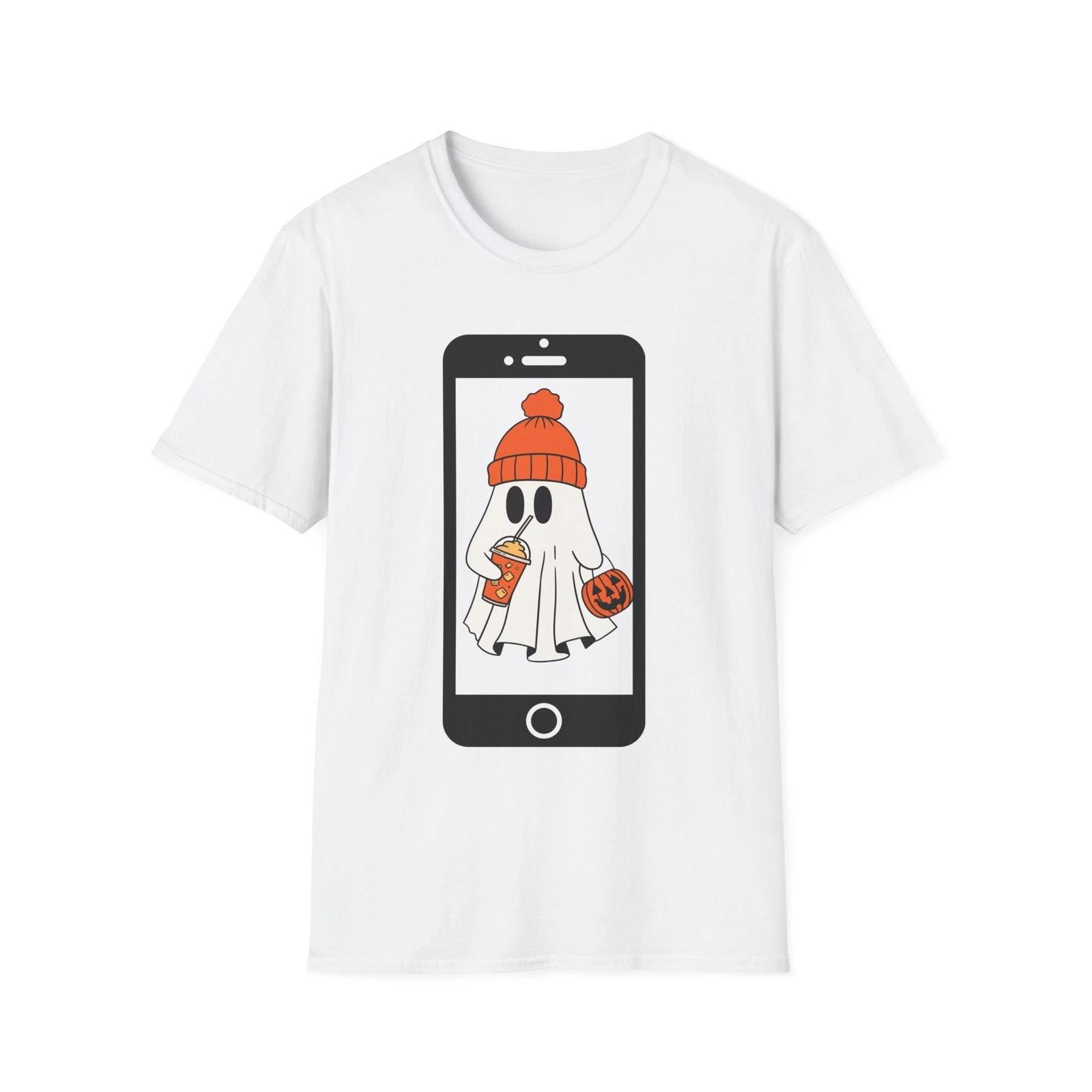 Halloween Ghost Phone T shirt, Cute Halloween Shirt, Fall Apparel, Spooky Wear S