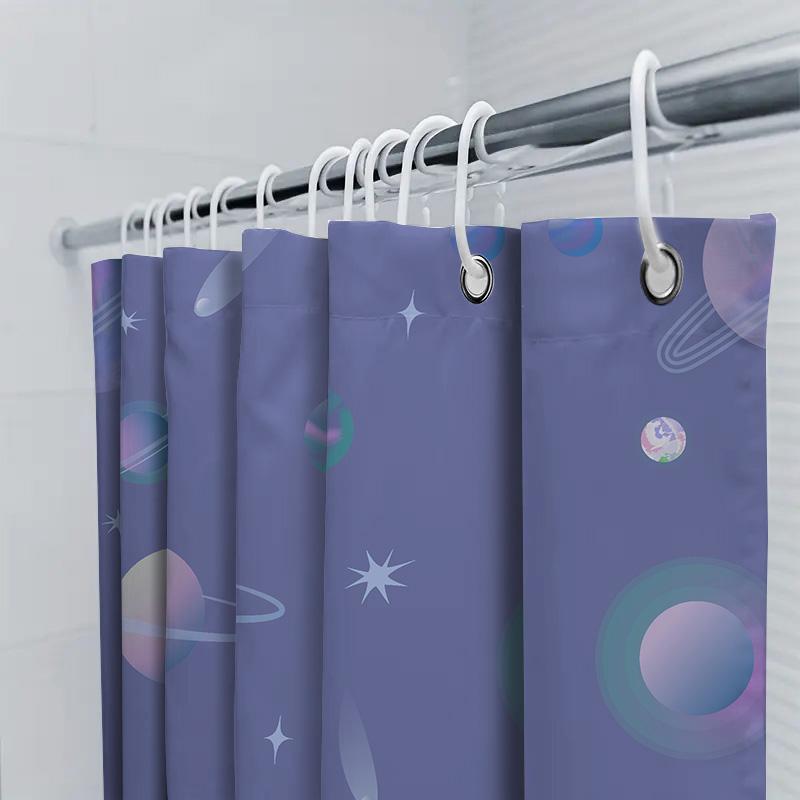 Space-Themed Shower Curtain With Rings And Planets Lavender Color For Bathroom Decoration!
