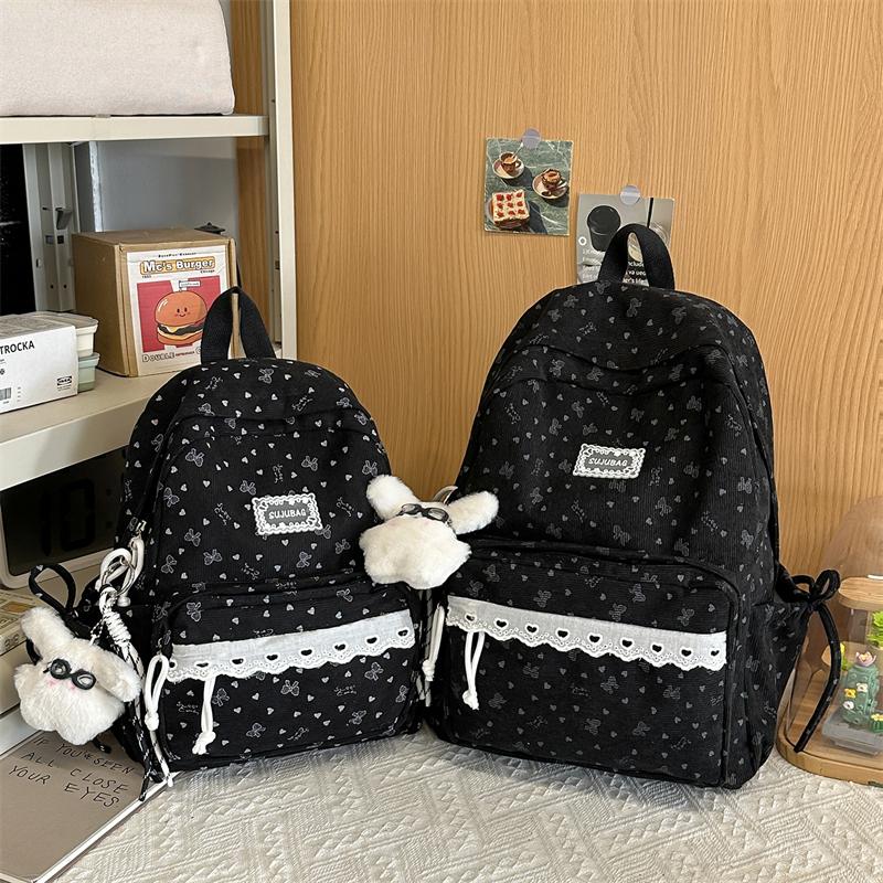 College Style Bow Print Schoolbag Women's Corduroy Backpack Large Capacity Student Backpack