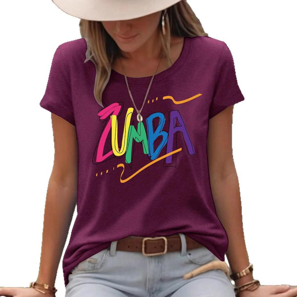 Damen Buntes ZUMB Print Locker Geschnittenes Kurzarm T-Shirt