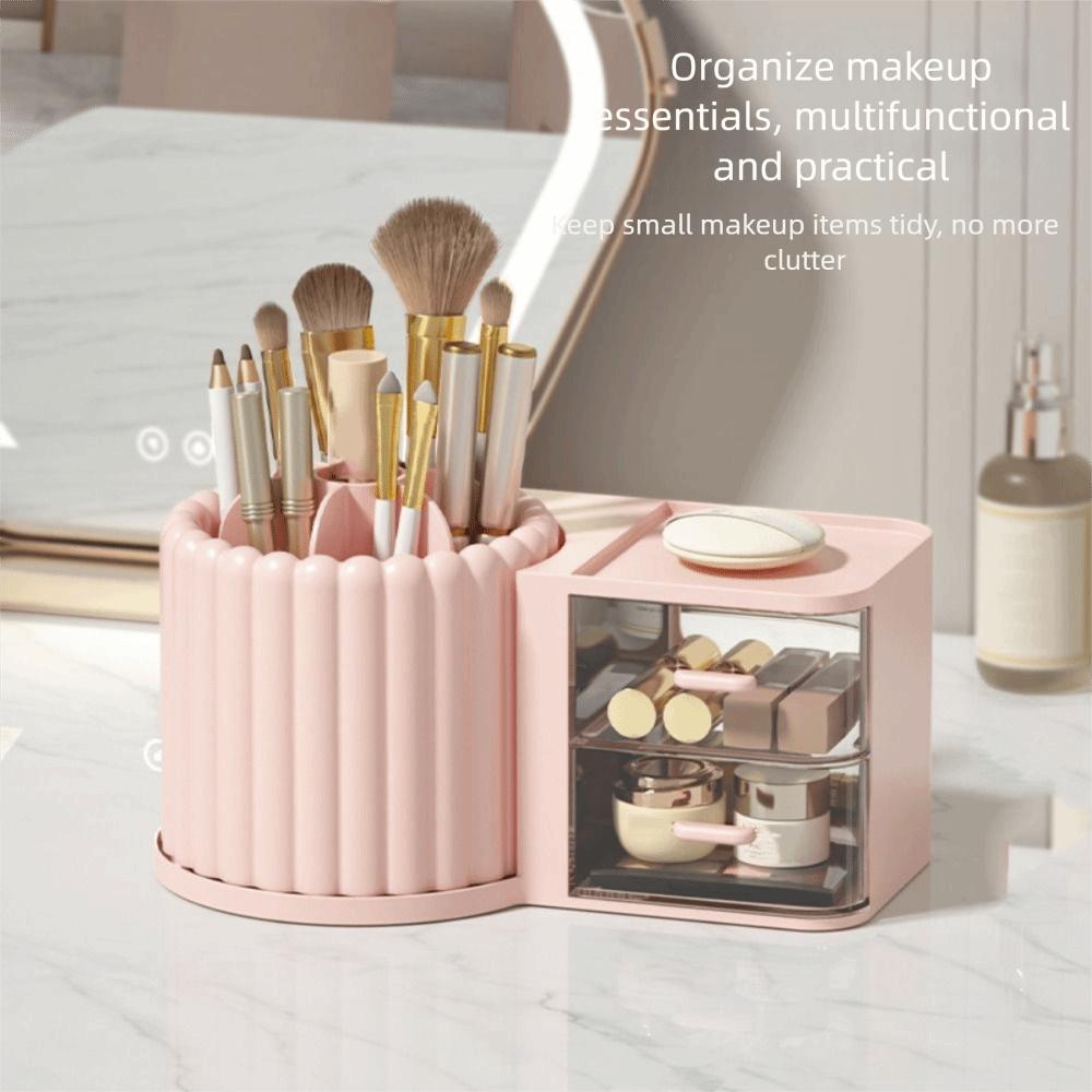 360° Rotating Makeup Brush Holder 2 Drawers Large Capacity Desk Organizer Simple Design Multiple Compartments Rotating Organizer
