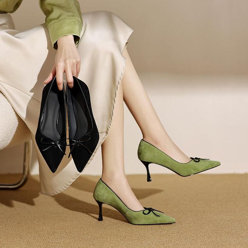 Fashion NEW Spring/Autumn Women Pumps Sheep Suede Leather Shoes for Women Pointed Toe Thin Heel Shoes Elegant Slip-on Bow-knot Shoes