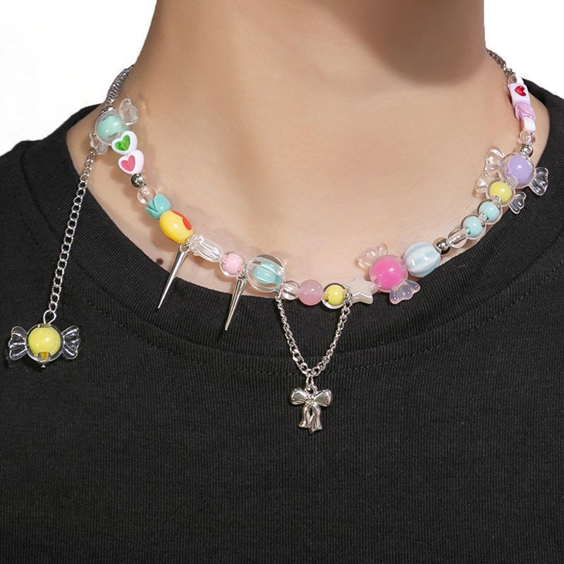 Dopamine Colorful Stone Necklace Colored Beaded Flowers Sweet Cool Wind Clavicle Chain Candy Love Jewelry