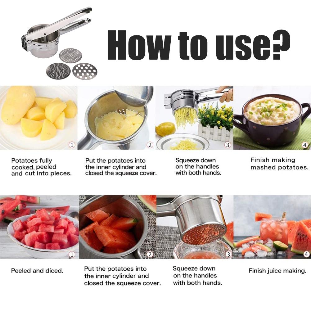 Stainless Steel Manual Juicer & Potato Masher with Interchangeable Discs Silver
