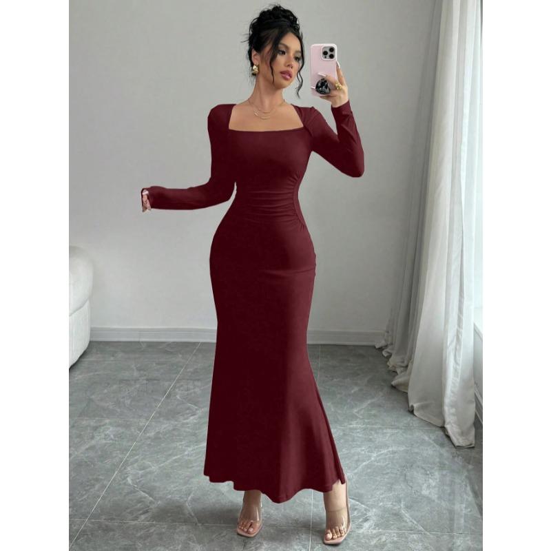 Elegant Sexy Long Sleeved Fishtail Dress Tight Fit Spring Pleated Square Collar Solid Color Party Maxi Long Dresses Evening Spring Bodycon Dress