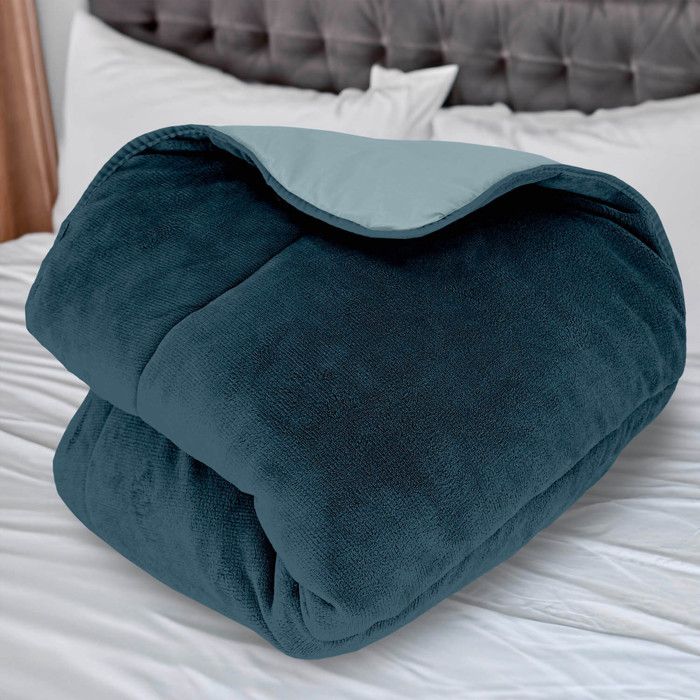 Microfiber Fleece Lined Duvet 240x260 Cm TWO-TONE Sky Blue and Navy, by Soleil D'ocre